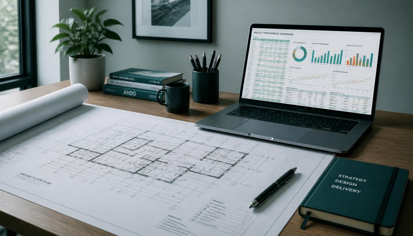Cost planning desk with ground floor plan drawings and a project performance dashboard on a laptop