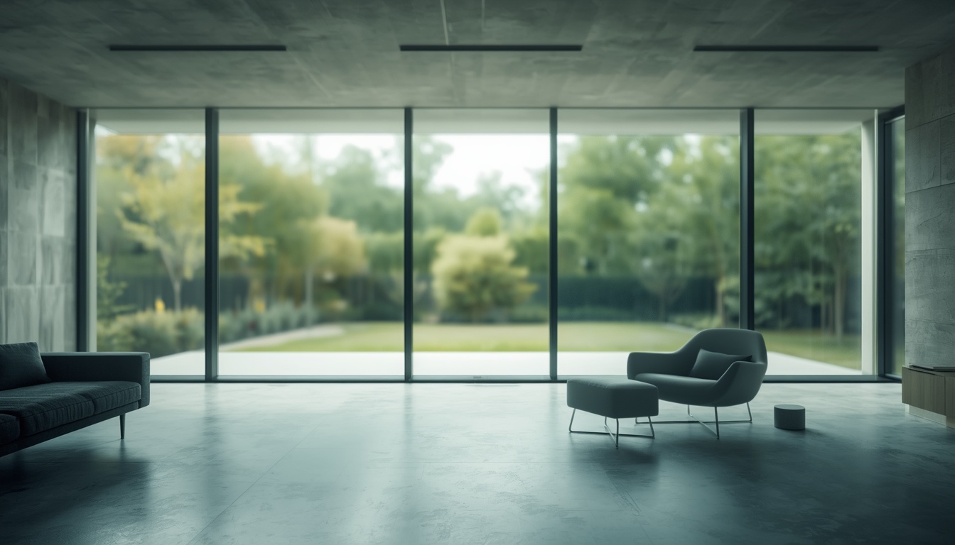 Minimal Passivhaus interior with floor-to-ceiling glazing overlooking a garden